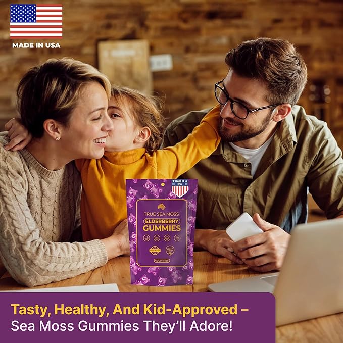 Sea Moss Elderberry Gummies for Adults & Kids - Magnesium, Burdock Root & Bladderwrack – Supports Immune, Boost Energy, Skin & Hair Health, Detox – Made in USA - 60 Vegan Gummies