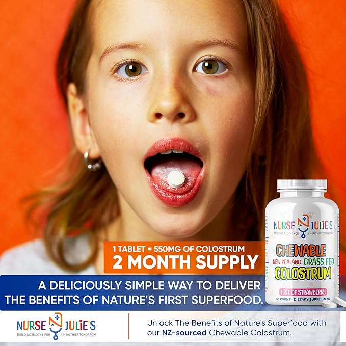 Nurse Julie's Chewable Colostrum Tablets for Kids - 100% Grassfed New Zealand Colostrum - Immune Support, Gut Health in Children - 60 Tablets - 2 Month Supply