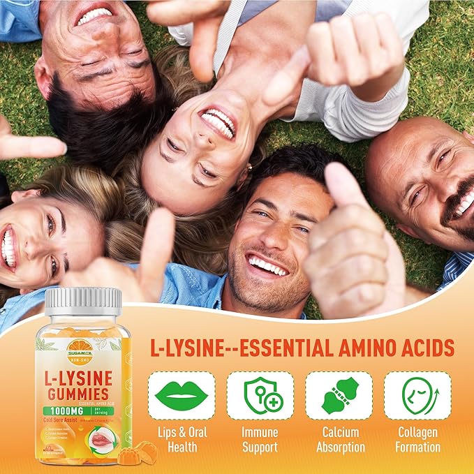 2 Packs Lysine Gummies 1000 mg, Cold Sore Treatment with Immune Support for Lips & Oral, Chewable L- Lysine Supplement for Adults & Kids, Boost Immune & Collagen, Gluten Free - 120 Counts