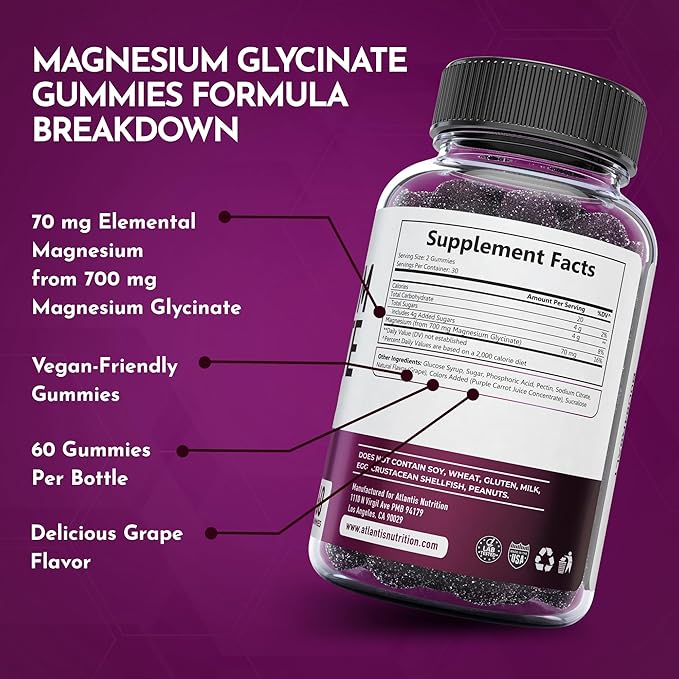 Atlantis Nutrition Magnesium Glycinate Gummies 700mg – Vegan Magnesium Glycinate for Kids & Adults – Muscle Support & Enhanced Sleep - Delicious Grape Flavor - for Whole Family - 60 Count
