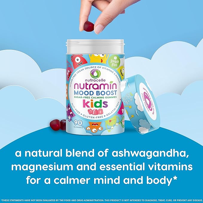 NUTRAMIN Kids Mood Boost Vegan Vitamin Gummy: Calming Magnesium Citrate Supplement for Children with Ashwagandha & Vitamin B Complex to Relax & Focus - Sugar-Free, Allergy-Safe, Non-GMO 90 ct