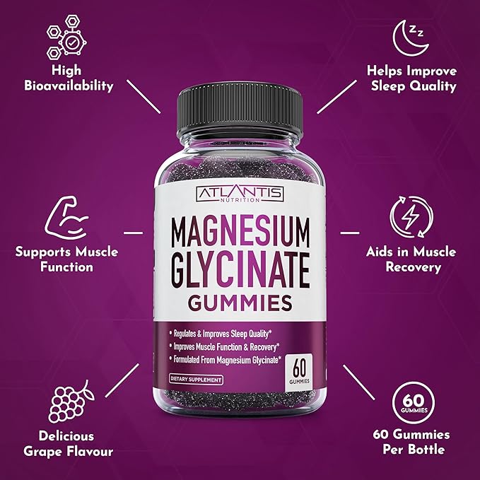 Atlantis Nutrition Magnesium Glycinate Gummies 700mg – Vegan Magnesium Glycinate for Kids & Adults – Muscle Support & Enhanced Sleep - Delicious Grape Flavor - for Whole Family - 60 Count