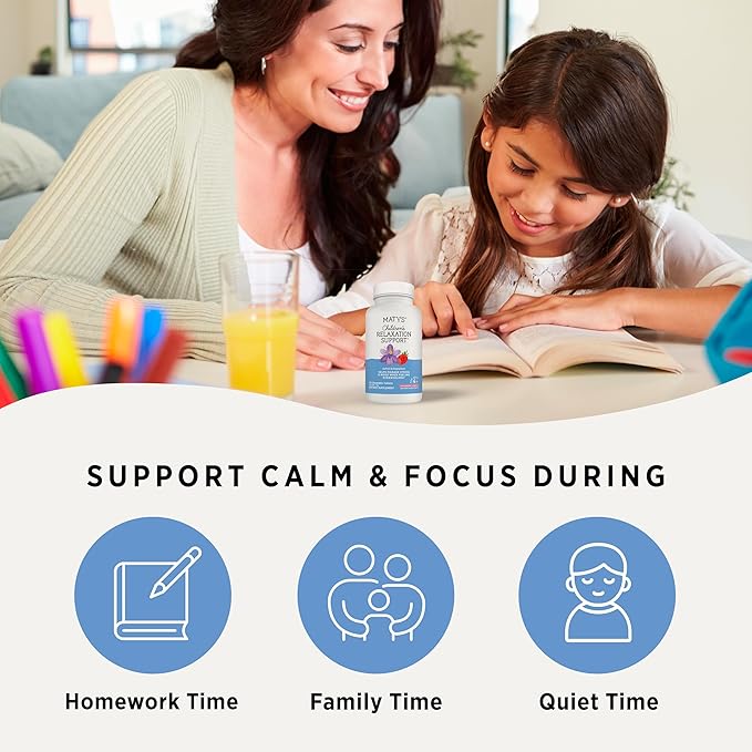 Matys Kids Relaxation Support Chewable Tablets for Ages 4 Years +, Magnesium & Saffron Helps Calm Active Mind & Body to Unwind & Chill, Clean Alternative Made with Saffron & Magnesium, 30 Count
