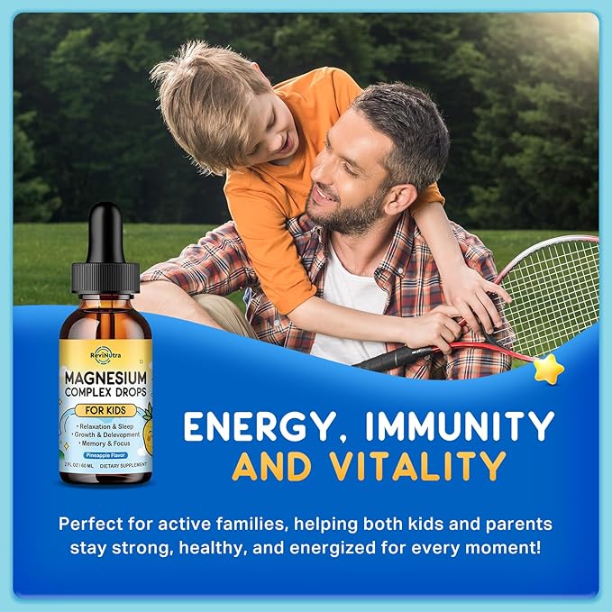 Kids Magnesium Liquid Drops - Magnesium Glycinate Liquid for Kids, Magnesium Supplement with L-Theanine, Calcium, Zinc, Vitamin D3 K2 for Sleep Calm Relaxation Brain Bones, Pineapple Flavor 2 Fl Oz