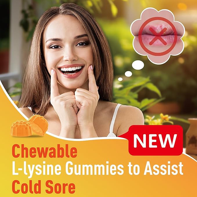 2 Packs Lysine Gummies 1000 mg, Cold Sore Treatment with Immune Support for Lips & Oral, Chewable L- Lysine Supplement for Adults & Kids, Boost Immune & Collagen, Gluten Free - 120 Counts