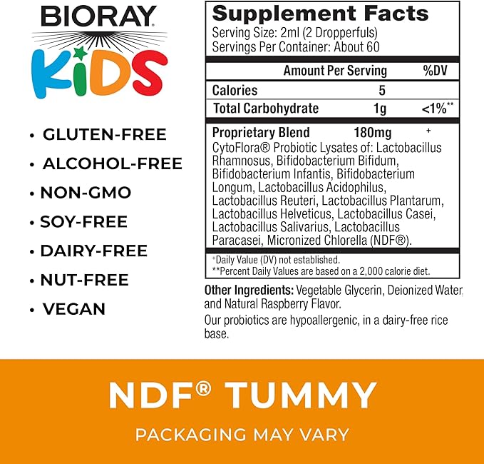 BIORAY Kids NDF Tummy, Raspberry - 4 fl oz (120 mL) - 11-Strain Probiotic Blend - Supports The Immune Response in The GI Tract - Non-GMO, Vegan, Gluten Free - Approx. 120 Servings