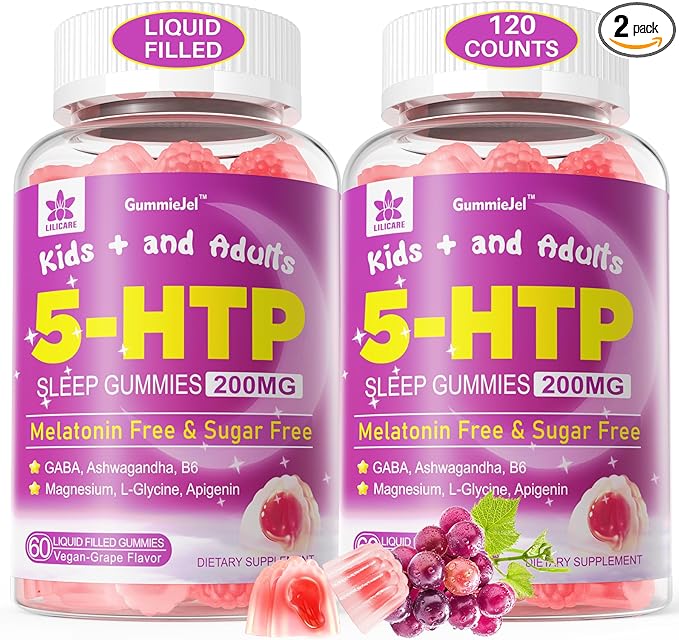 5HTP Gummies for Adults & Kids 8+, Melatonin Free Gummies with Magnesium Glycinate, GABA, L-Glycine, Ashwagandha, Vitamin B6 for Delicious Zzzs, Brain & Muscle Relaxation, 0 Sugar 60 Count (Pack of 2)
