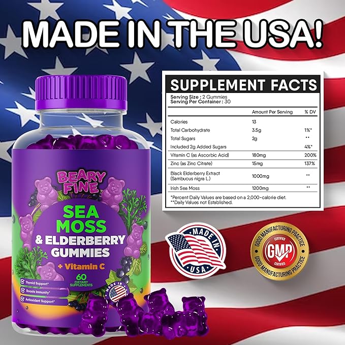 Sea Moss & Elderberry Gummies with Folic Acid – Immune, Thyroid & Prenatal Support for Adults & Kids – Vegan, Non-GMO – 60 Berry-Flavored Gummies – Made in The USA
