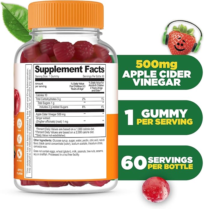 Lifeable Apple Cider Vinegar - for Kids - ACV with The Mother - 500 mg Gummies - Great Tasting Natural Flavor Vitamin Supplement - Gluten Free Vegetarian GMO-Free Chewable - for Children - 60 Gummies