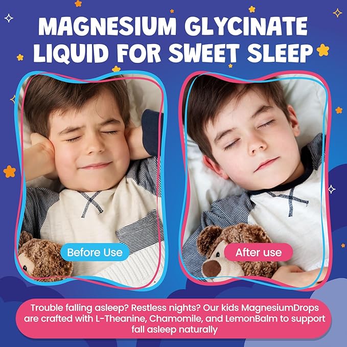 Kids Magnesium Liquid Drops - Magnesium Glycinate Drops for Kids, Citrate Liquid with L-theanine, Chamomile & Vitamin B6 for Sleep, Relaxation, Calm & Focus - Strawberry Flavor, 2 Fl Oz