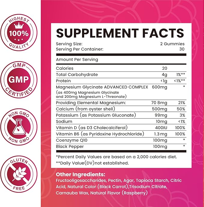 Magnesium Glycinate Gummies 600mg, Chewable Magnesium Glycinate Supplement for Kids & Adults, Magnesium Gummies for Sleep, Muscle & Bone, Sugar Free, Vegan, Raspberry Flavor (60Count)