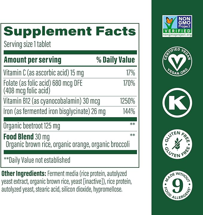 MegaFood Blood Builder - Iron Supplement Shown to Increase Iron Levels without Nausea or Constipation - Energy Support with Iron, Vitamin B12, and Folic Acid - 60 Tabs