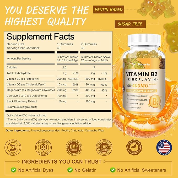 Vitamin B2 Gummies, Sugar Free Riboflavin 400mg Supplement for Adults & Kids with Magnesium Glycinate, COQ10 & Elderberry, Skin & Nervous System Support, Non-GMO, 60 Gummies