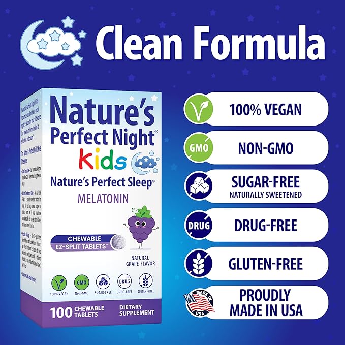 Nature's Perfect Night Kids | Kids Melatonin 1mg | 100 Chewable Tablets | Natural Grape Flavor | Sugar Free | Vegan | Gluten Free | Drug Free | Value Size