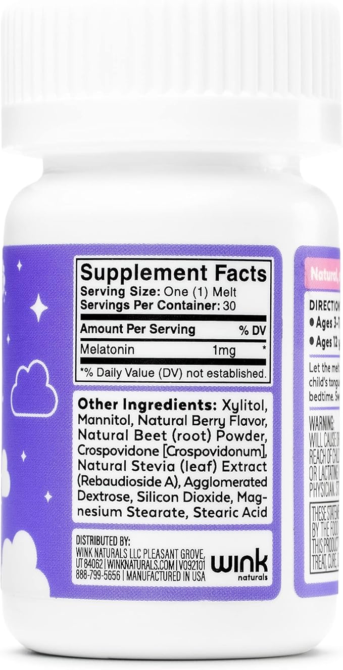 Wink Well Kids Melatonin Chewable Melts- Baby Sleep Aid Chews with Melatonin 1mg- Quick Deep Toddler Sleep Aid, Drug-Free-Fast, Non-Habit-Forming Kids Melatonin Dissolve Tablets- 30 Melts