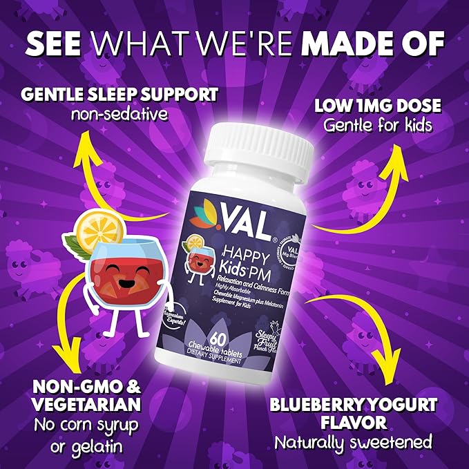 VAL Sugar-Free Calm Magnesium for Kids PM Chewable Tablets | Magnesium Glycinate, Citrate & Taurate | Melatonin & Vitamins B6 & C | Bedtime Support | Non-GMO | Blueberry Yogurt Flavor | 60 Count