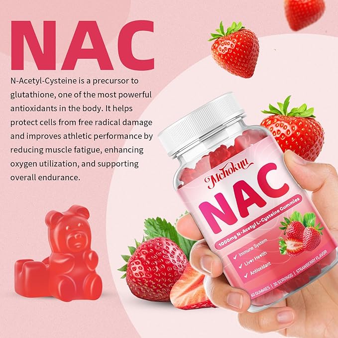 NAC Gummies for Adults & Kids 1000mg, NAC Supplement N-Acetyl Cysteine, Immune Support Liver & Lung Health Antioxidant Sugar-Free, Strawberry Flavor Gummy, 60 Counts