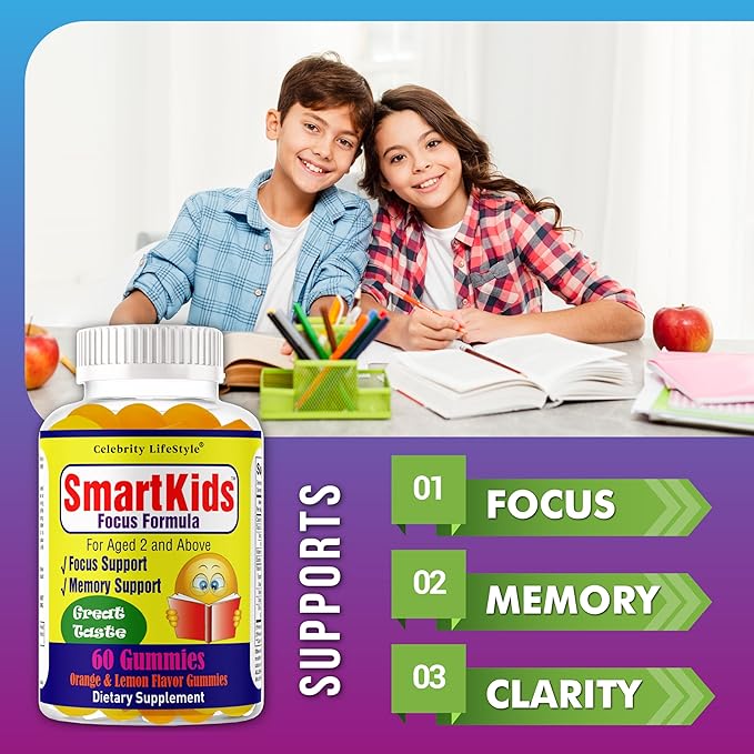 Smartkids Brain Booster Focus Gummies for Kids & Teens, Omega 3 DHA Gummy Vitamins, Nootropics Brain Support Supplement, Memory Supplement for Brain (1 Bottle) 60 Gummies
