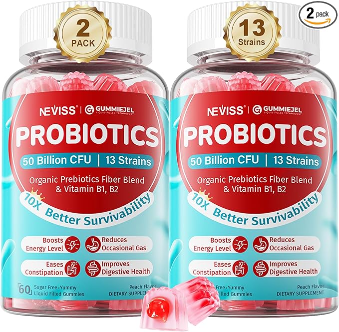 Sugar Free Probiotics Gummies for Adults & Kids 4+, Probiotics 13 Strains 50 Billion CFUs w/Acacia Prebiotics + Vitamin B1, B2, D3 & Zinc, for Digestive & Gut Health, Immunity, Vegan Chewable,120 Cts