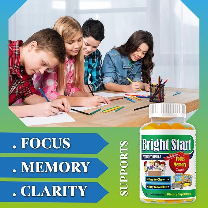 BrightStart Brain Focus Vitamins for Kids & Teens, Attentive Child Supplement Omega 3 for Kids, Focus Booster Nootropic Supplement Support Attention, Concentration, Cognitive Health 60 Gummy Vitamins