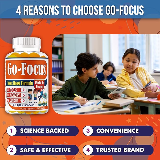 Brain Supplements for Memory and Focus, Omega 3 & DHA Focus Gummies for Kids, Memory Booster Focus Supplement for Kids & Teens- Low-Sugar, Natural Fruit Flavor 60 Gummies
