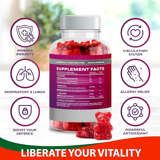 Quercetin Gummies - 2500MG Quercetin with Bromelain L-theanine & Zinc - Pure Supplement for Immune System Lung and Allergy Support - Immunity Booster Vegan Supplements for Kids & Adults 3 Pack