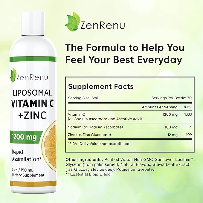 Zenrenu Liposomal Vitamin C and Zinc Liquid Drink for Adults & Kids - Non GMO Sunflower Lecithin - Max Antioxidant & Immune Support, 5 oz / 150 ml