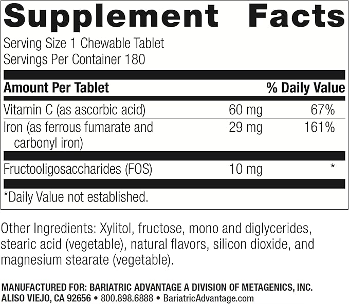 Bariatric Advantage Chewable Iron 29 mg - for Bariatric Surgery Patients - Iron with Vitamin C - No Iron Taste - Ferrous Fumarate & Carbonyl Iron Supplement - Passion Fruit - 180 Count