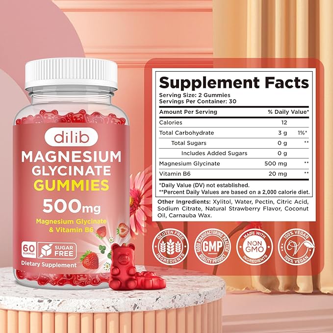 Magnesium Glycinate Gummies 500mg - Magnesium Supplement with Vitamin B6 for Adults & Magnesium for Kids - Calm Magnesium for Sleep, Mood, Muscle Support - Strawberry Flavor, 60 Gummies