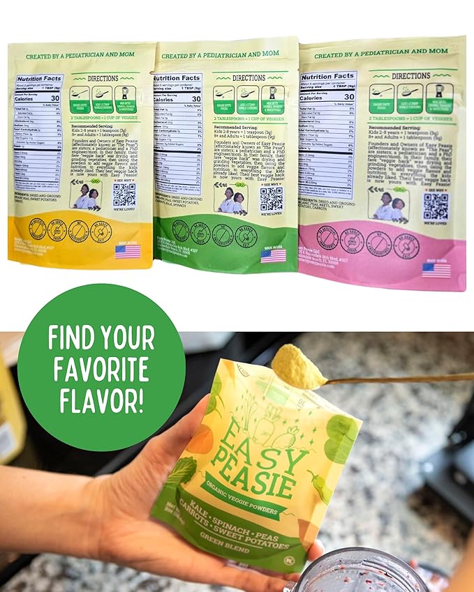 Easy Peasie Organic Veggie Powder Blends for Kids and Picky Eaters | Hidden Vegetable Powder Additive for Meals and Smoothies (3-Pack Pouches: Green, Red, and Original - each 2 oz)