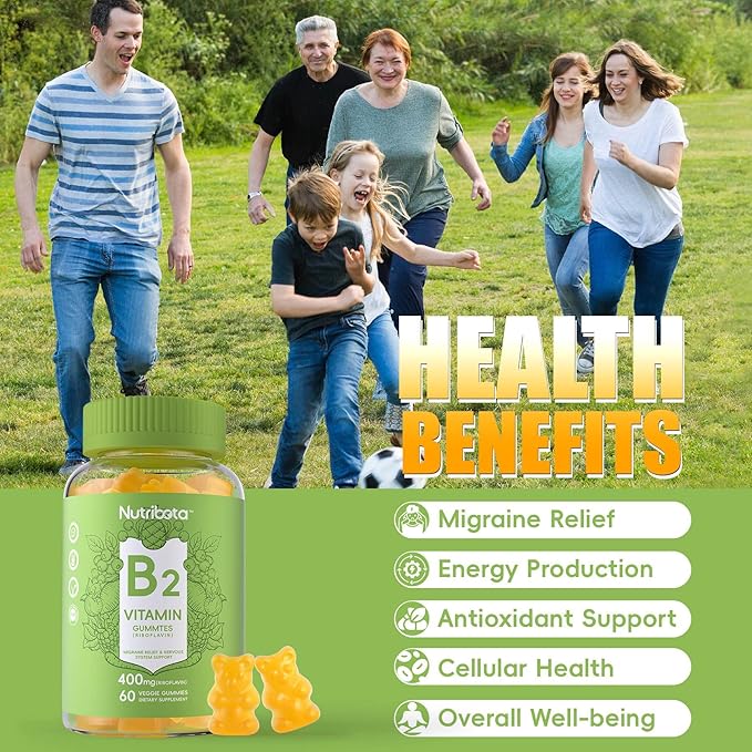 Sugar Free Vitamin B2 Gummies- Riboflavin 400mg 200mg with Magnesium, CoQ10 for Adults & Kids, Vegan, 60 Count
