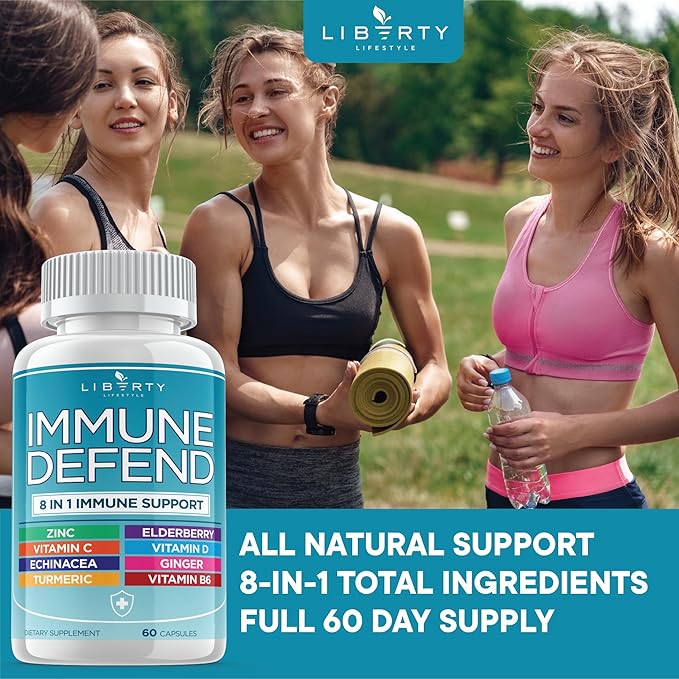 8 in 1 Immune Defense Support, Immunity Capsules Supplement with Echinacea Zinc 50mg, Vitamin C, D3 5000 IU, Turmeric Curcumin & Ginger, Echinacea - for Kids Adults (1 Pack)