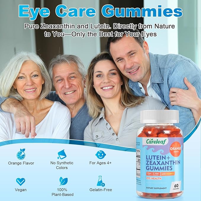 Vegan Lutein Gummies 12mg with Zeaxanthin and Vitamin A for Kids and Adults for Eye Health and Brain Function Supplement Orange Flavor