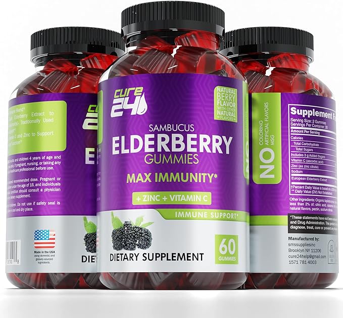 Sambucus Elderberry Gummies + Vitamin C + Zinc for Kids & Adults, X3 Immune Support, Natural Flavors + Ingredients, Vegan, Non-GMO, Made in USA (60)