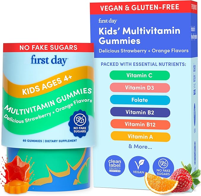 First Day Kids Multivitamin Gummies - Multivitamin for Kids Ages 4+, Delicious Strawberry & Orange, Beta Carotene, Fruit & Vegetables - Childrens Vitamins for Immunity & Brain Function - 30 Day Supply