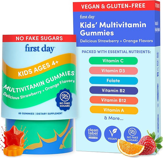 First Day Kids Multivitamin Gummies - Multivitamin for Kids Ages 4+, Delicious Strawberry & Orange, Beta Carotene, Fruit & Vegetables - Childrens Vitamins for Immunity & Brain Function - 30 Day Supply