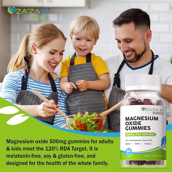ZA'ZA K ORGANICS Magnesium Oxide Gummies, Magnesium Oxide 500mg with Ashwagandha & Vitamin B12 for Sleep, Nerve, Muscle, Bone & Heart Health, Magnesium Chewable Supplement for Adults Kids, Vegan, 60