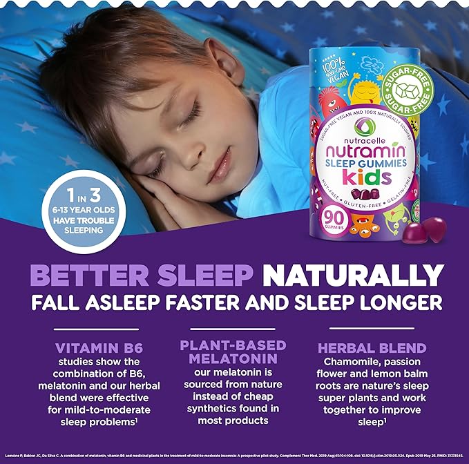 NUTRAMIN Kids Sleep Gummy - Sugar-Free & Vegan - 100% Natural Sleeping Aid with Melatonin Sleep Gummies for Kids - Hypoallergenic, Halal, Kosher, Non GMO - Dark Cherry - 90 Count