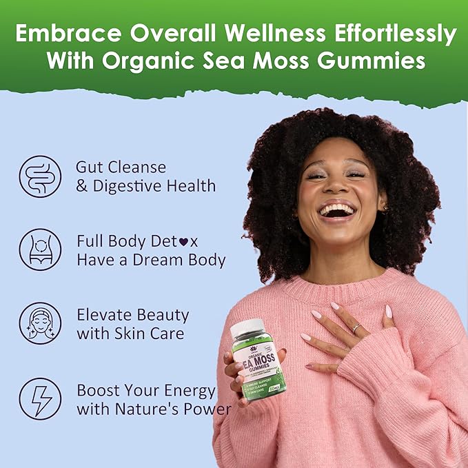 Sea Moss Gummies - Irish Sea Moss Gummies for Adults & Kids - Advanced Superfood Seamoss Supplement with Organic Bladderwrack & Burdock Root Extract，ACV for Daily Immune, Gut Cleanse, Vegan, 60 Counts