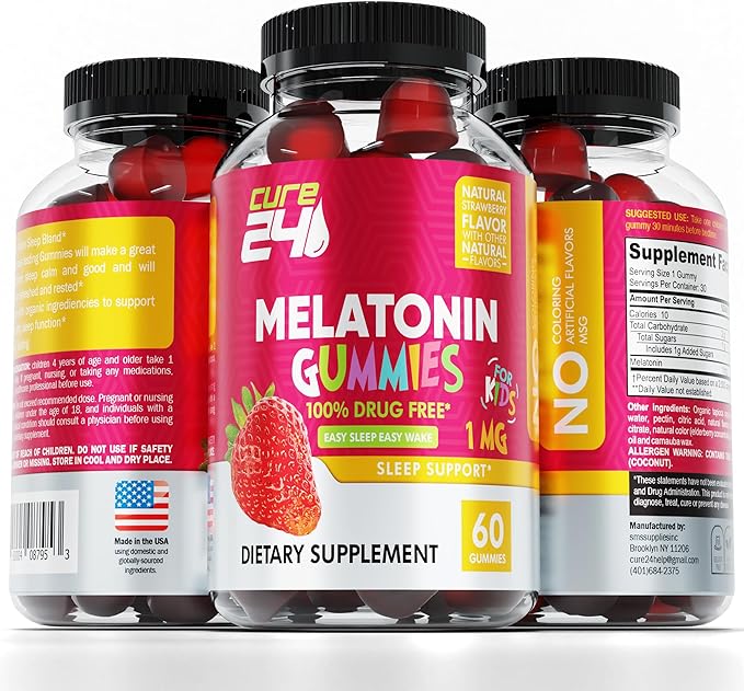 Kids Melatonin Gummy, Effective 1MG Sleep Gummies Supplement for Children 3+, Drug-Free, Natural Fruity Strawberry Flavor, Made in USA