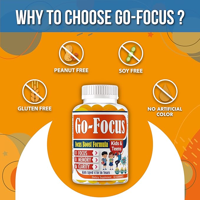 Brain Supplements for Memory and Focus, Omega 3 & DHA Focus Gummies for Kids, Memory Booster Focus Supplement for Kids & Teens- Low-Sugar, Natural Fruit Flavor 60 Gummies