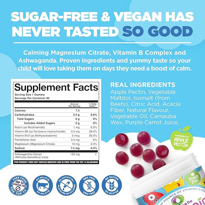 NUTRAMIN Kids Mood Boost Vegan Vitamin Gummy: Calming Magnesium Citrate Supplement for Children with Ashwagandha & Vitamin B Complex to Relax & Focus - Sugar-Free, Allergy-Safe, Non-GMO 90 ct