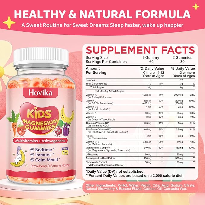 Kids Magnesium Gummies - Magnesium Glycinate Supplement Gummies with L-Theanine, Chamomile & Multivitamins for Sleep, Calm & Focus - Strawberry Banana Center-Filled Gummies 60 ct