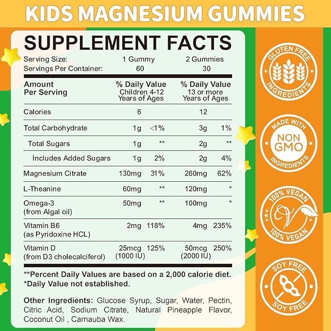 Magnesium Glycinate Gummies for Kids & Adults - Vitamin B6 & D3 - Great Tasting Kids Magnesium Calm Gummies for Promotes Sleep, Energy and Calm, Vegan Pineapple Flavor 60 Count