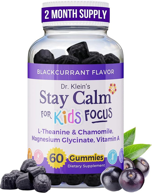 Dr. Klein's Stay Calm Kids Gummies – Magnesium Glycinate + Vitamin A, L-Theanine, Chamomile Extract – Promote Focus & Calm for Ages 5+ – Magnesium Gummies for Kids–Black Currant, Zero Sugar, 60 Count