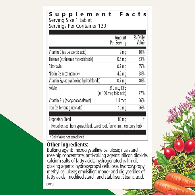 Floradix Iron Tablets - Iron Supplement with Folic Acid, Vitamin C & More - Energy Support - Vegetarian, Gluten-Free - 120 Tablets
