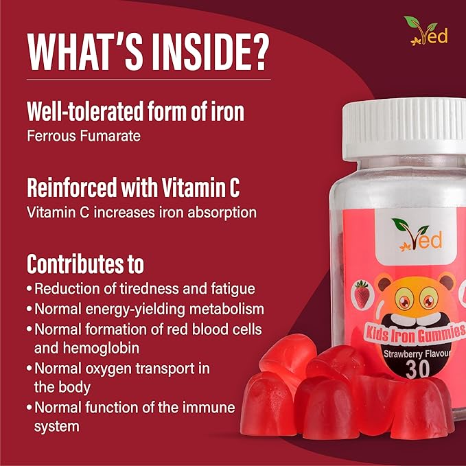 Ved Kids Iron Gummies for Iron Supplement, Energy & Immune System – Vegan - 15 Days Supply, 30 Chewable Kids Vitamins Gummies.(15 Days Supply)