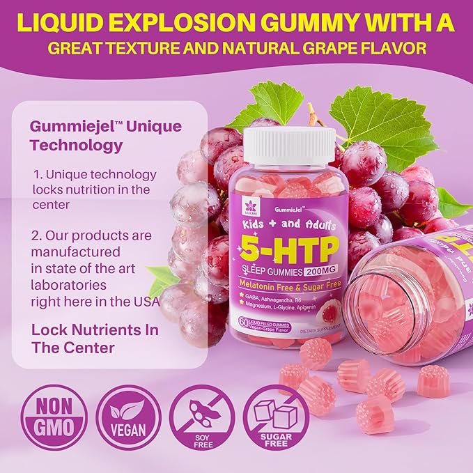 5HTP Gummies for Adults & Kids 8+, Melatonin Free Gummies with Magnesium Glycinate, GABA, L-Glycine, Ashwagandha, Vitamin B6 for Delicious Zzzs, Brain & Muscle Relaxation, 0 Sugar 60 Count (Pack of 2)