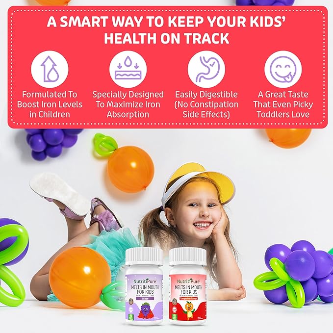 Kids Chewable Iron Supplement, Ferronyl® Carbonyl Iron 9 mg, Vitamin C 30 mg, Grape Flavor, 90 Tablets (1 Bottle)