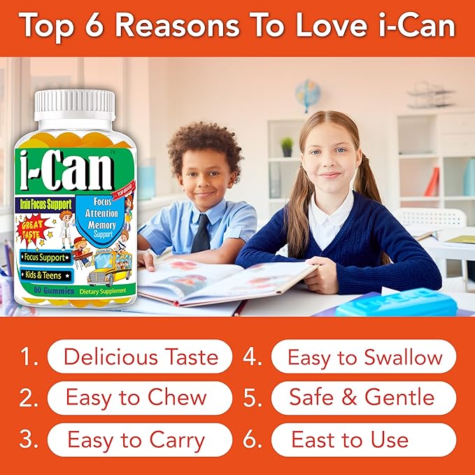 I-Can Brain Booster Supplement for Kids & Teens, Brain Support Focus Vitamins, Gummy Vitamins for Kids, Great Taste Memory Supplement for Brain, Omega 3 Gummies for Kids 60 Gummies